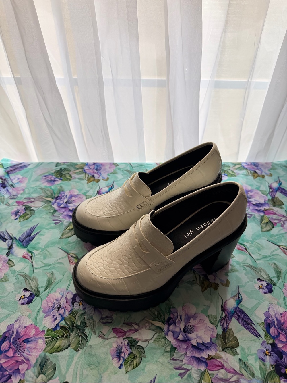 Madden Girl Cream Croc-Embossed Platform Loafers
